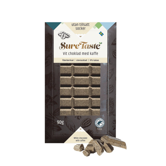 Sure Taste sockerfri vit choklad med kaffe 90g, mörkbrun förpackning med fönster och brutna bitar