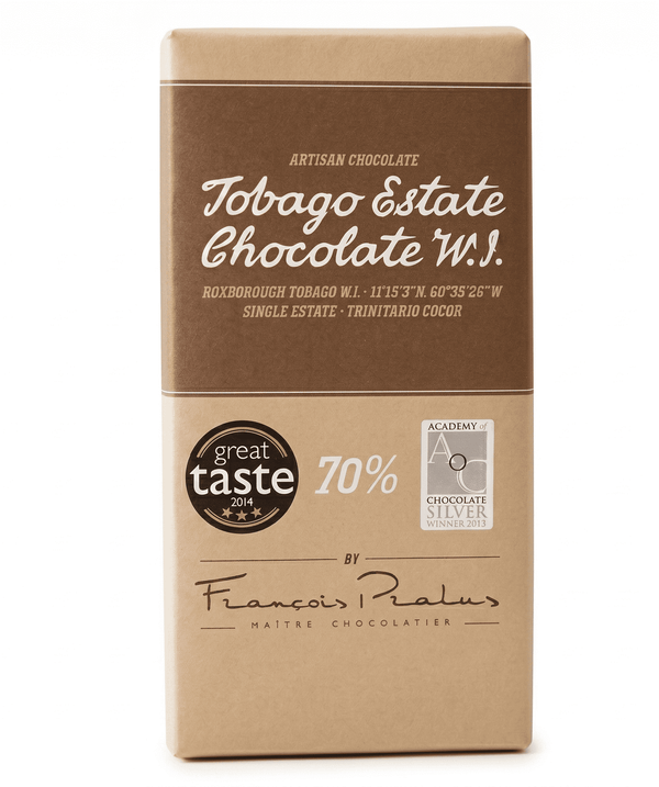Tobago Estate 70% mörk chokladkaka med kryddig smak i designad förpackning