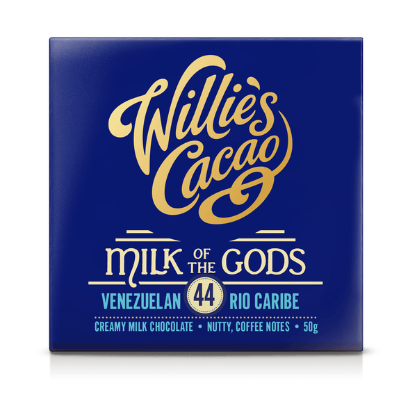 Blå förpackning av Willie's Cacao Milk of the Gods 44% mjölkchoklad från Venezuela