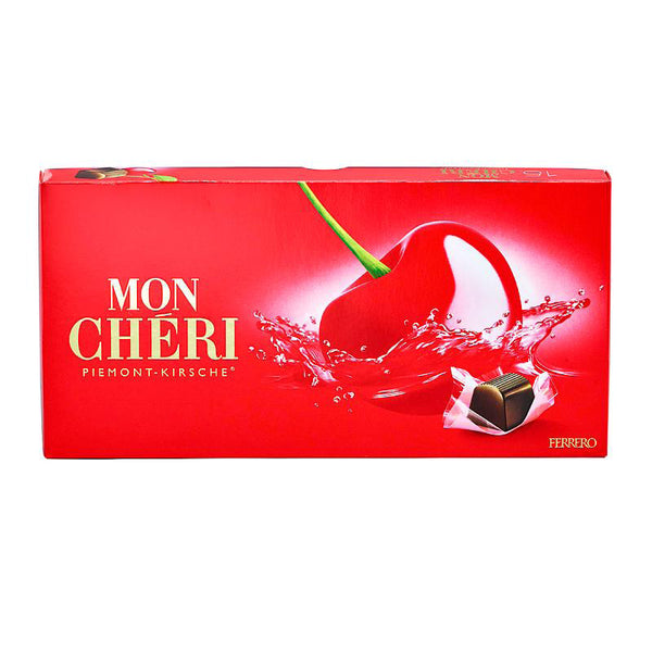Röd Mon Chéri Piemont-Kirsch chokladask med Ferrero-logga