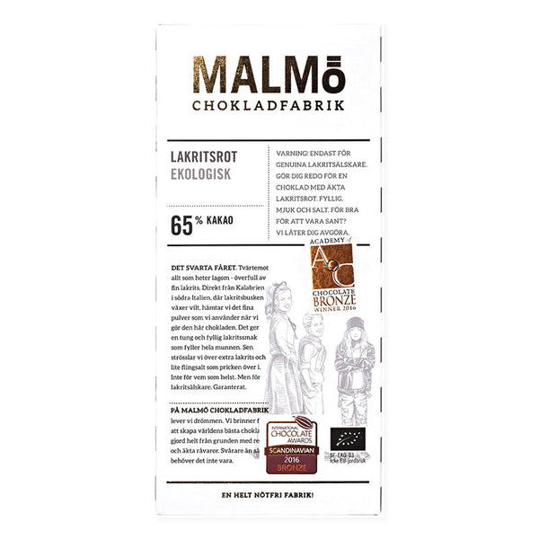 Malmö Chokladfabrik Lakritsrot EKO 65% kakao chokladförpackning baksida med ekologiskt märke