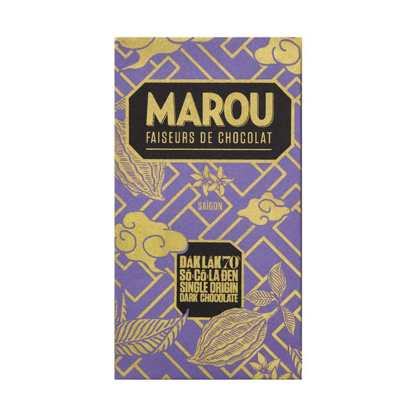 Marou Dak Lak 70% mörk choklad i lila förpackning med gyllene mönster