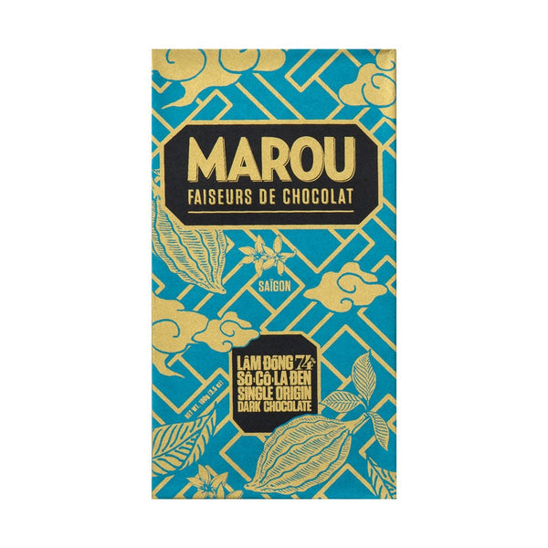 Marou Lâm Đồng 74% mörk choklad i blå förpackning med guldtryck