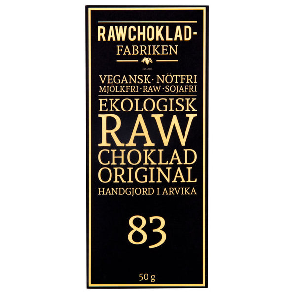 Rawchoklad Original 83% förpackning, vegansk och nötfri chokladkaka