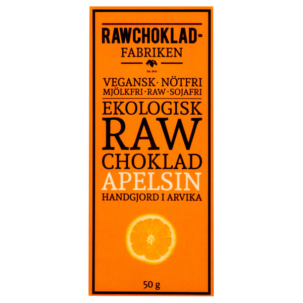 Förpackning av Rawchoklad Apelsin 73%, 50g, vegansk och nöt fri