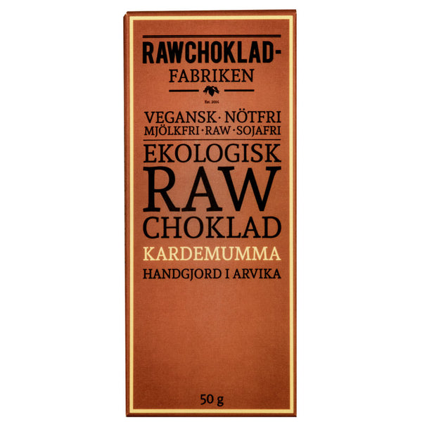 Förpackning av vegansk nötfri raw chokladkaka med kardemumma 50g