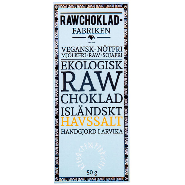 Förpackning för ekologisk raw choklad med isländskt havssalt från Rawchokladfabriken