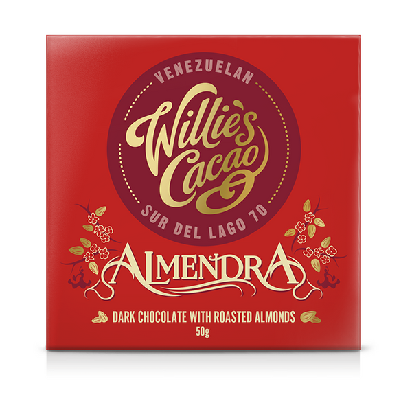 Willie's Cacao Sur del Lago 70% mörk choklad med rostade mandlar, 50g förpackning