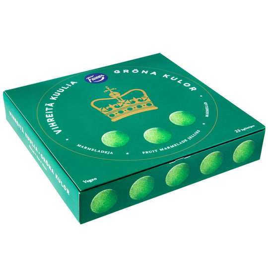 Fazer gröna marmeladkulor i grön förpackning med kungakrona, vegan