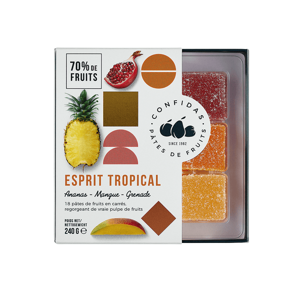 Vegansk fruktgodis från Cónfidas med 70% äkta frukt i rött, orange och gult